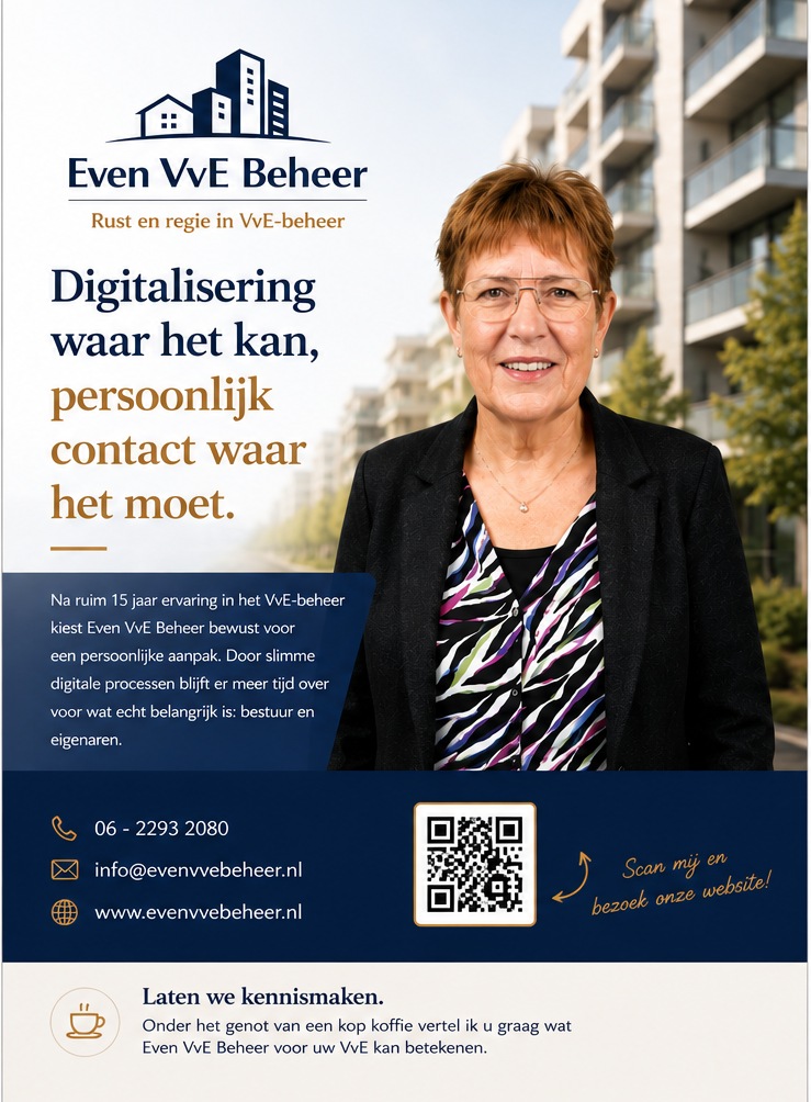 Voorzijde van de introductieflyer van Even VvE Beheer